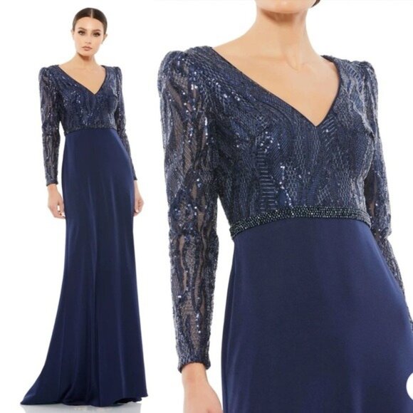 NWT Mac Duggal Embellished Long Sleeve Bodice Column Dress 8 Midnight 67887 Gown - Picture 1 of 10